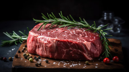 Raw fresh beef steak with rosemary and spices on a dark backgroundの素材