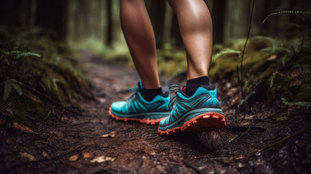 Close-up of women's legs in sneakers running along a forest path.
A female tourist walks along a path in the forest. The concept of an active lifestyle.の素材