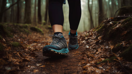 Close-up of women's legs in sneakers running along a forest path.
A female tourist walks along a path in the forest. The concept of an active lifestyle.の素材