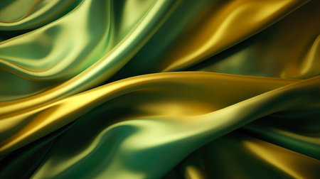 Closeup of rippled green and yellow satin silk fabric/Abstract background of elegant green silk or satin with some smooth folds in it. abstract background, satin, silk, waves.の素材