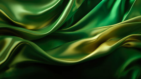 Closeup of rippled green and yellow satin silk fabric/Abstract background of elegant green silk or satin with some smooth folds in it. abstract background, satin, silk, waves.の素材