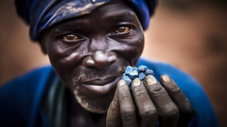 Unidentified Togolese boy in blue clothes holds blue stones in his hand. Togo people suffer of poverty due to the bad economyの素材