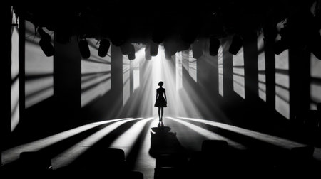 Silhouette of a woman standing in the middle of the stage. Light from the spotlights.の素材
