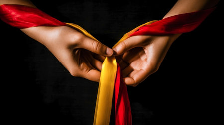 Two hands pulling red and yellow satin ribbons on black background. World Hepatitis Dayの素材