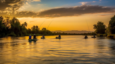 Fishermen fishing on the Mekong River at sunset, Thailandの素材