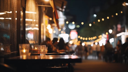 Street cafe at night with bokeh lights in the city. Lights on the street in the evening, bokeh.の素材
