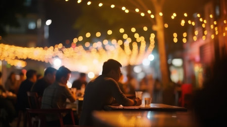 Young man sitting in a cafe at night and looking at the city lights. Lights on the street in the evening, bokeh.の素材