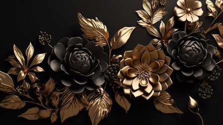 3d render of black background with golden and black flowers and leavesの素材