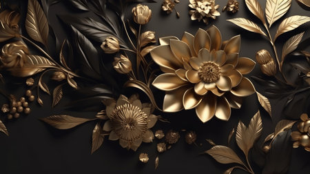3d render, black background with golden flowers and leaves, 3d illustrationの素材