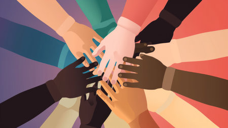 Multiethnic group of people joining their hands together. Vector illustrationの素材
