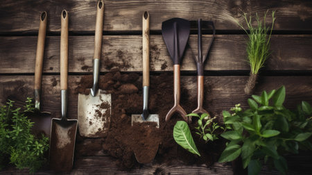 Gardening tools on wooden background. Gardening and planting concept.の素材