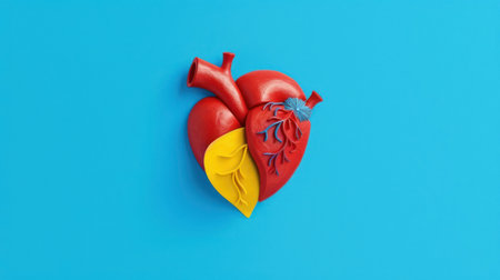 Human heart made of plasticine on blue background. Minimal creative concept.の素材
