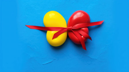 Figurines of kidneys on a blue background tied with a red ribbon. Top view. World Hepatitis Dayの素材