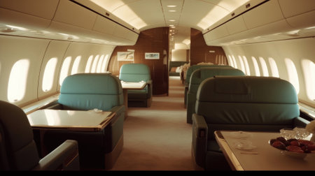 Interior of an airplane with seats and tables in a row. Flying in first class. Business flights. Private plane. Commercial flights.の素材
