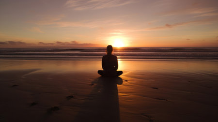 Silhouette of a woman practicing yoga on the beach at sunset. Finding harmony and balance. mental health.の素材