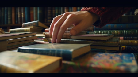 Hands of a young woman in a red sweater on the background of books. Search for a book in the library.の素材