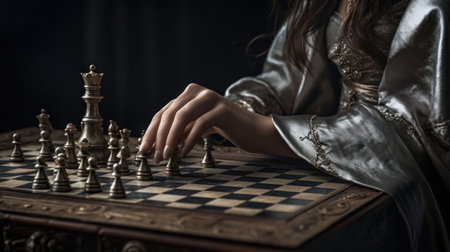 Close-up image of a girl playing chess. Selective focus.の素材