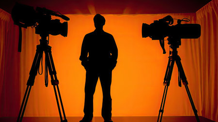 Silhouette of a cameraman in front of a red curtainの素材