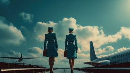 Beautiful woman stewardess in uniform standing on runway of airportの素材