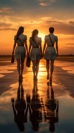 silhouette of young flight attendants walking towards the plane at sunsetの素材