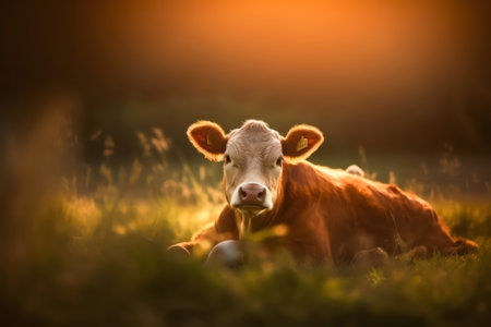 Cute cow lying on the grass in the sunset light. Selective focus.の素材