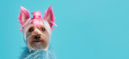 Yorkshire Terrier with pink hair on a blue background. Banner. Place for text.の素材