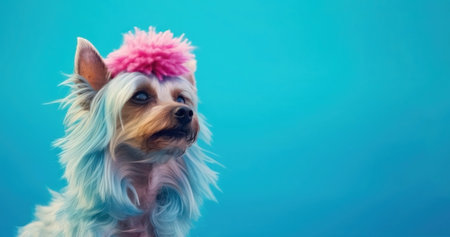Yorkshire Terrier in a pink hat on a blue background. Banner. Place for text.の素材