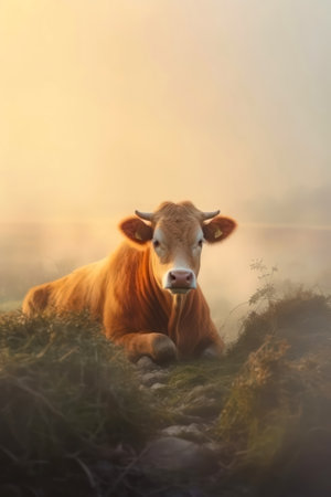 Brown cow lying on the grass in the foggy morning. Rural landscape.の素材