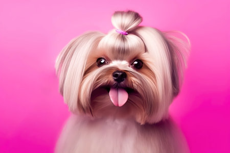 Yorkshire Terrier on a pink background. Close up portrait. Animal grooming.の素材
