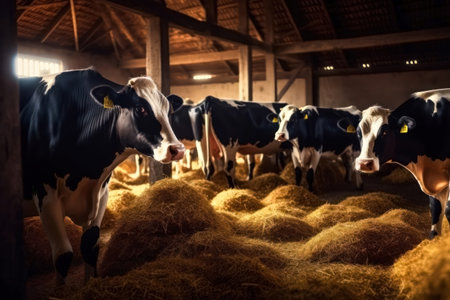 Cows in a barn. Dairy cows in a farm. Selective focusの素材