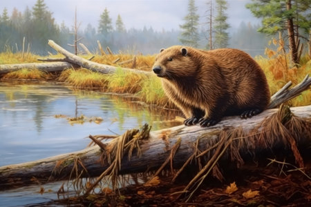 Wild beaver sitting on a log in the autumn forest lake.の素材