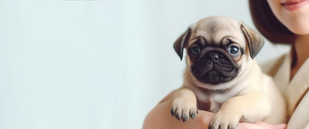 cropped view of woman holding cute pug puppy on blurred background, bannerの素材