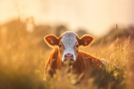 Cute little calf in the meadow at sunset. Selective focus.の素材