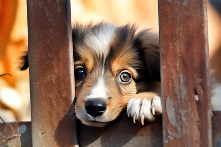 Cute Australian Shepherd puppy peeking out of the bars of a fence. Homeless animals. Our little brothers. We are responsible for those we have tamed.の素材