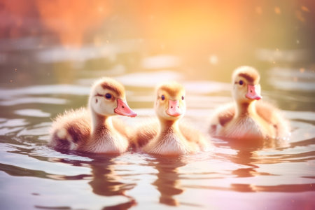 Cute ducklings swimming in the lake. Selective focus.の素材