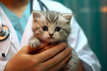 The veterinarian holds a cute kitten in his hands, close-up. Animal care. Scheduled inspection.の素材