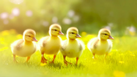 Little yellow ducklings walking on green grass in sunny spring day.の素材