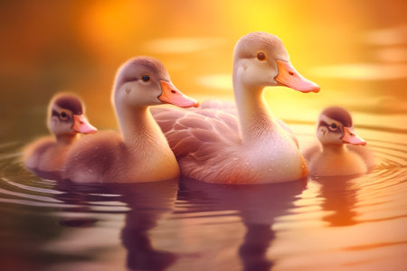 Ducklings swimming in the lake at sunset, close-upの素材