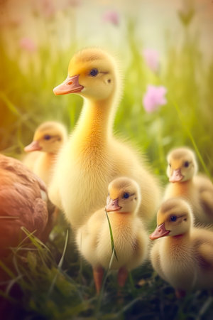 Little ducklings on the grass in the spring. Easter background.の素材