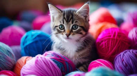 Cute little kitten playing with colorful balls of yarn. Animal theme.の素材