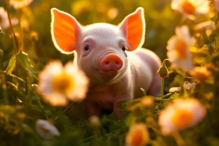 Cute little piglet in the meadow with daisiesの素材