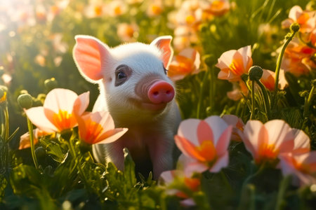 Cute little piglet with flowers in the meadow on sunsetの素材