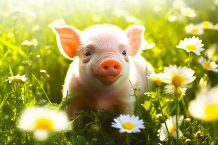 Cute little piglet on the meadow with daisiesの素材