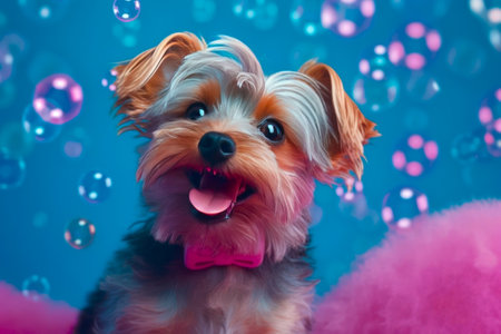 Yorkshire Terrier with pink bow tie and soap bubbles on blue backgroundの素材