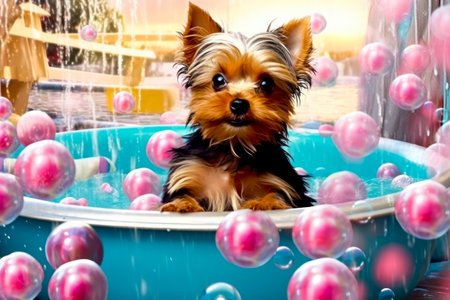 Yorkshire Terrier in a bathtub with bubbles in the backgroundの素材