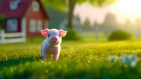 Cute little pig on green grass in the garden at sunset.の素材