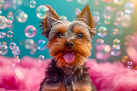 Cute yorkshire terrier puppy with soap bubbles on colorful backgroundの素材