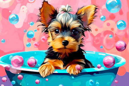 Yorkshire Terrier puppy in a bath with bubbles. Vector illustration.の素材