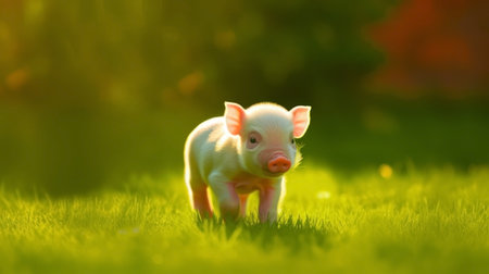 Cute little pig standing on green grass in garden on sunny dayの素材