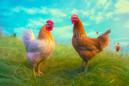 Rooster and hen on green grass. Colorful background. Copy space.の素材